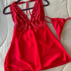Red Chemise Lace Sheer Sequins Plunging Neckline